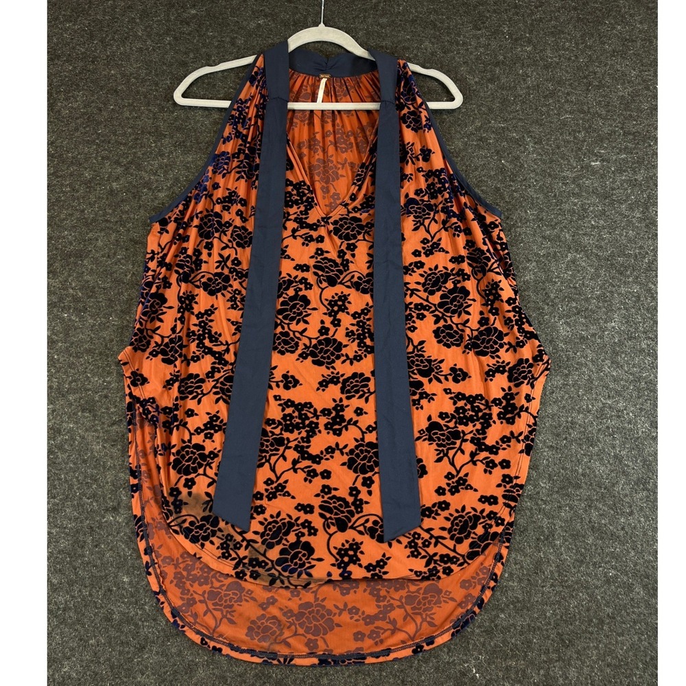 Free People Morgana Tank Top Womens Large Orange Floral Velvet Tie Neck Tunic